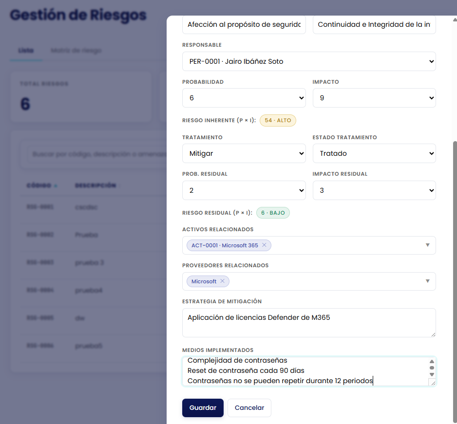 Gestión de riesgos en INF4TECH: probabilidad, impacto, riesgo inherente y residual